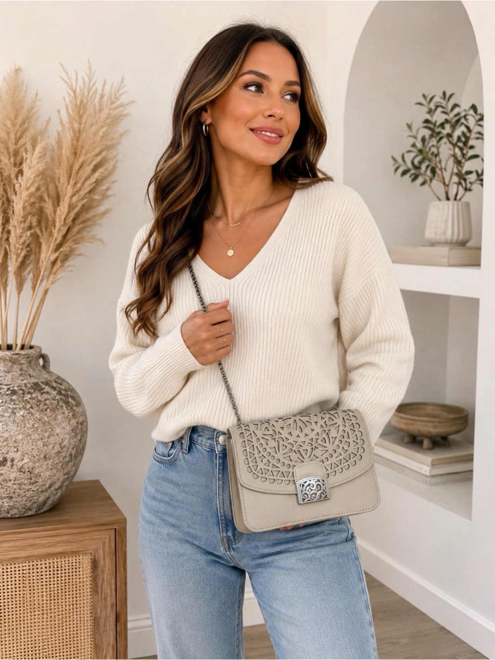 Brighton Cream Laser-Cut Crossbody with Silver Chain